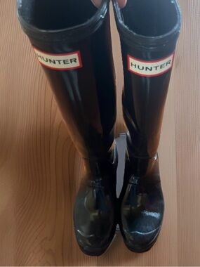 HUNTER Boots Original Black Gloss Tall Rain Womens Size 8, Buckle EU 39